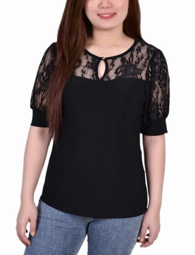 Short Sleeve Lace Yoke and Sleeve Top Hidden Pocket Design