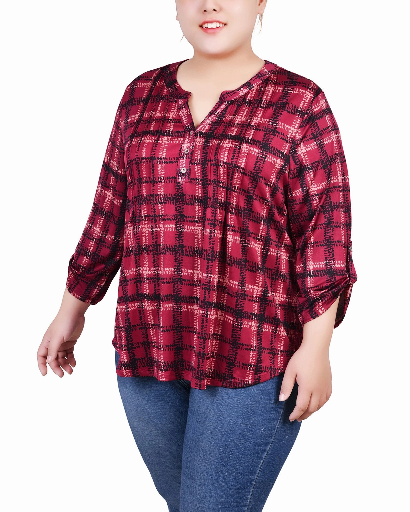 Plus Size 3/4 Roll Tab Sleeve Y Neck Top Thermal Insulation Tech Odor Neutralizing Technology