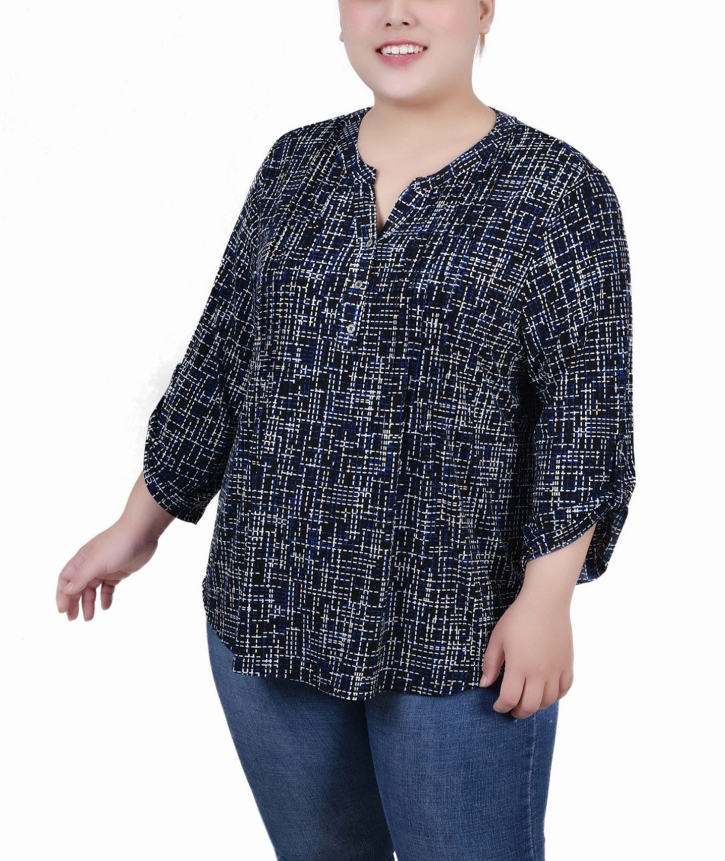 Plus Size 3/4 Roll Tab Sleeve Y Neck Top OrganicCottonBlend