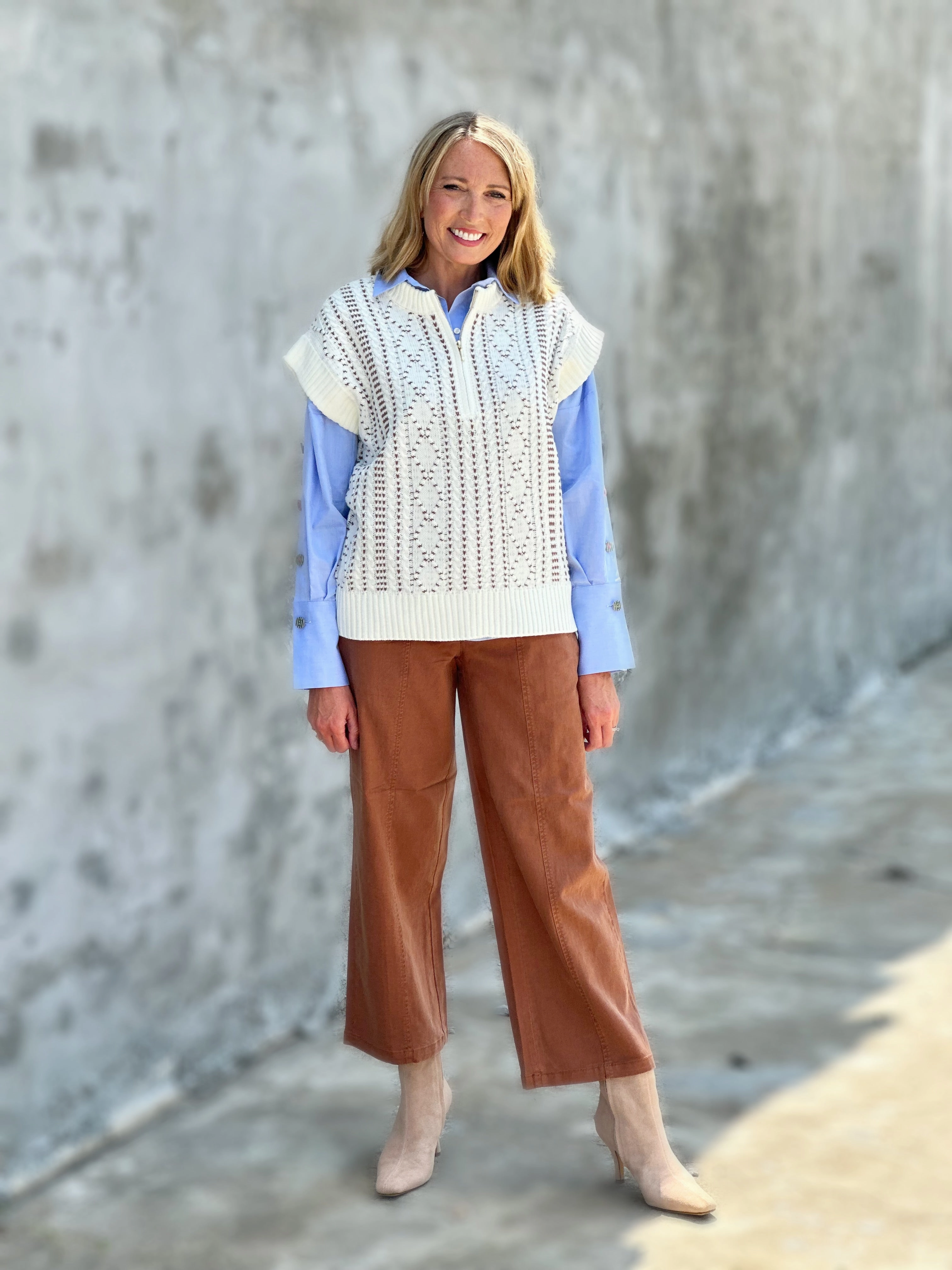LayeredDurability Liverpool Los Angeles Cap Sleeve Dolman 1/2 Zip Sweater in Cream