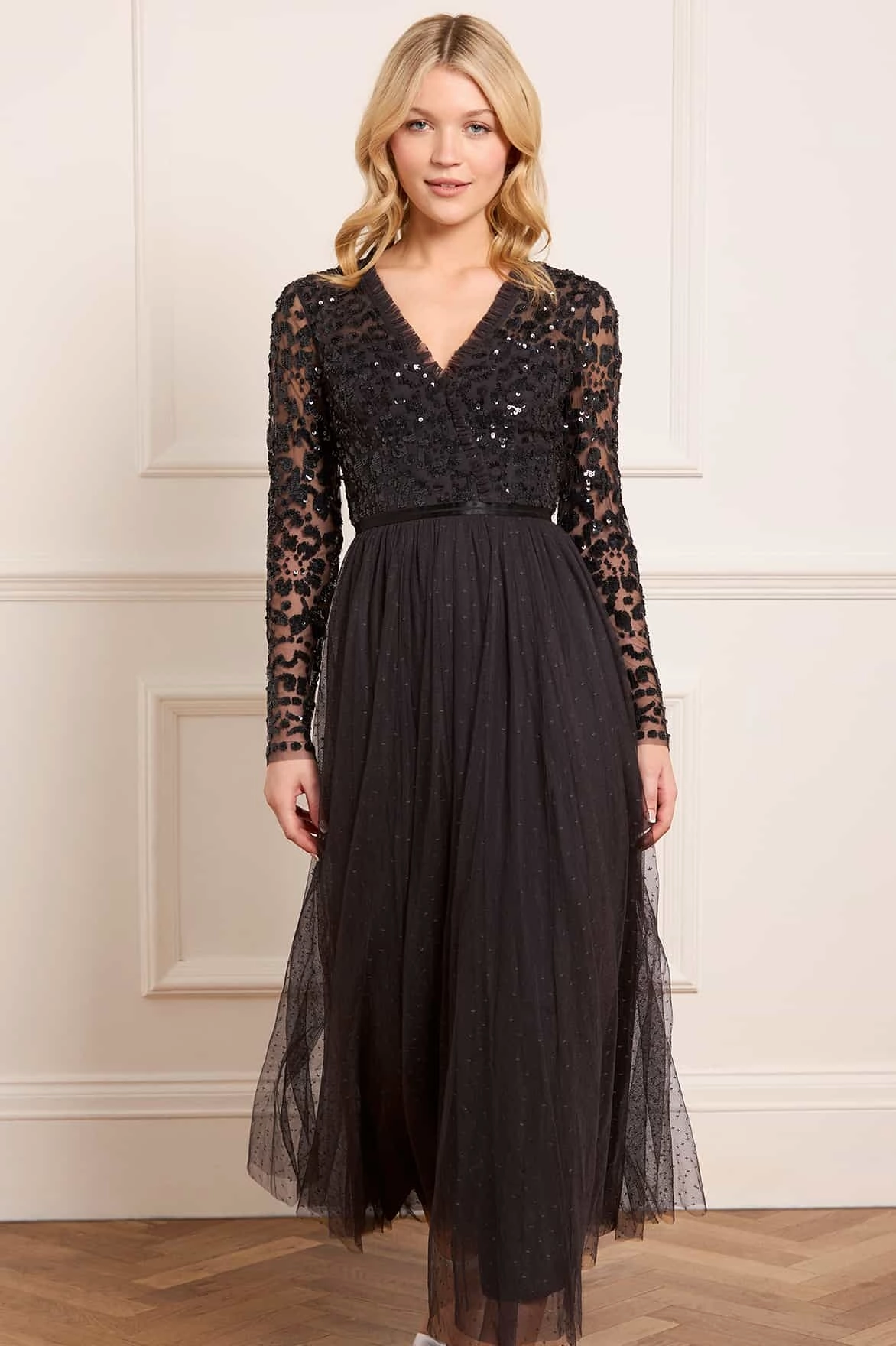 Balanced Tone Asymmetric-Neck Tempest V-Neck Bodice Ankle Gown