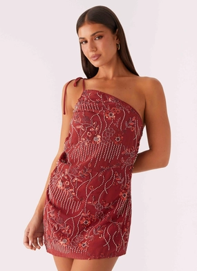 Playful Cut Classic Edge Temptational Beaded One Shoulder Mini Dress - Rust