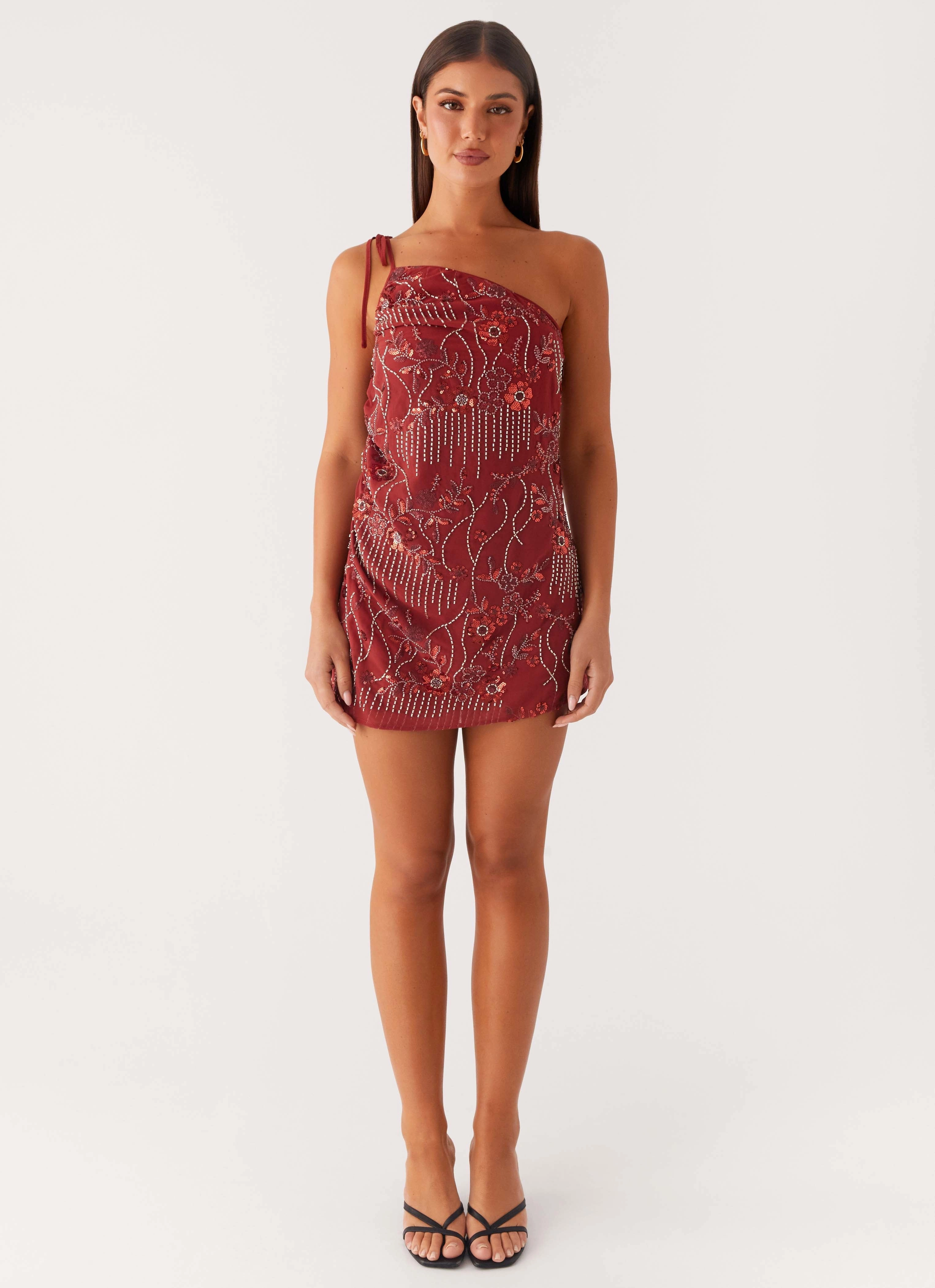 Modest Look Warm Palette Temptational Beaded One Shoulder Mini Dress - Rust