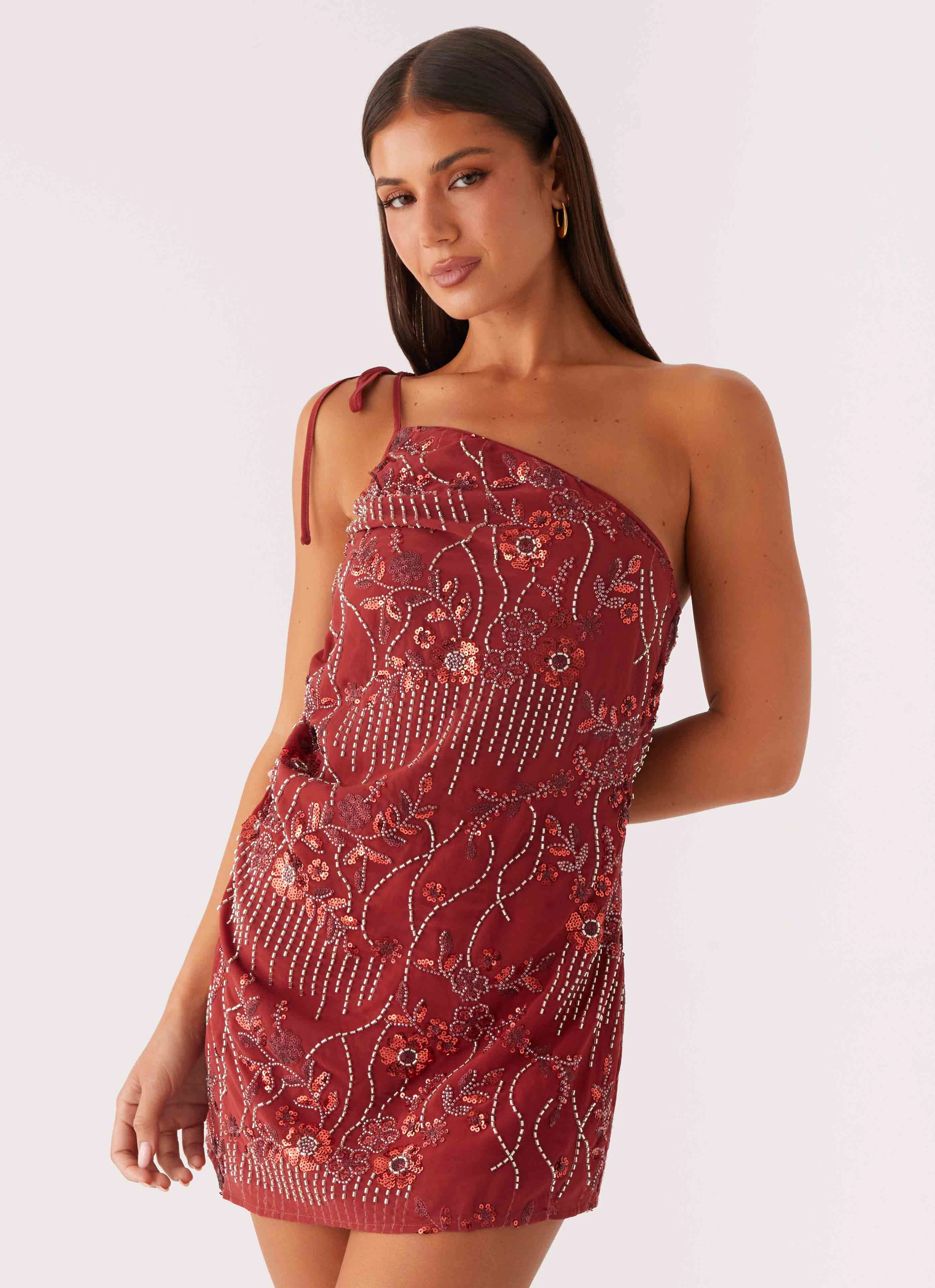 Playful Cut Classic Edge Temptational Beaded One Shoulder Mini Dress - Rust