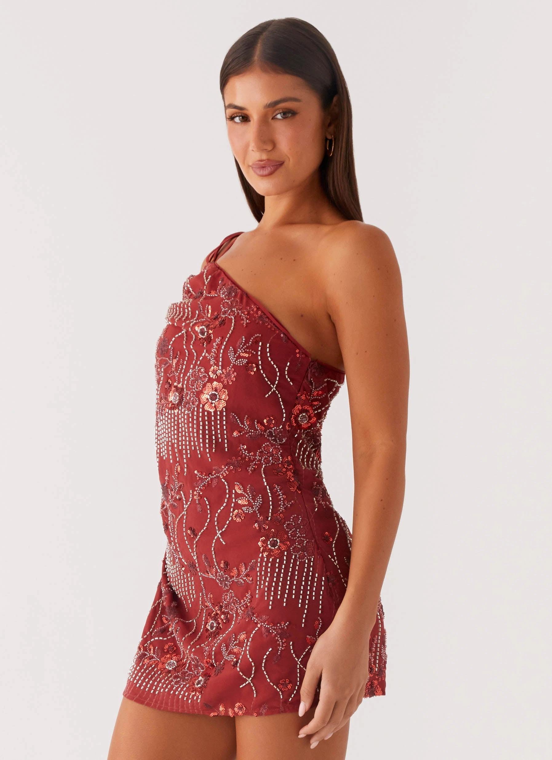 Work-to-Play Wear Temptational Beaded One Shoulder Mini Dress - Rust