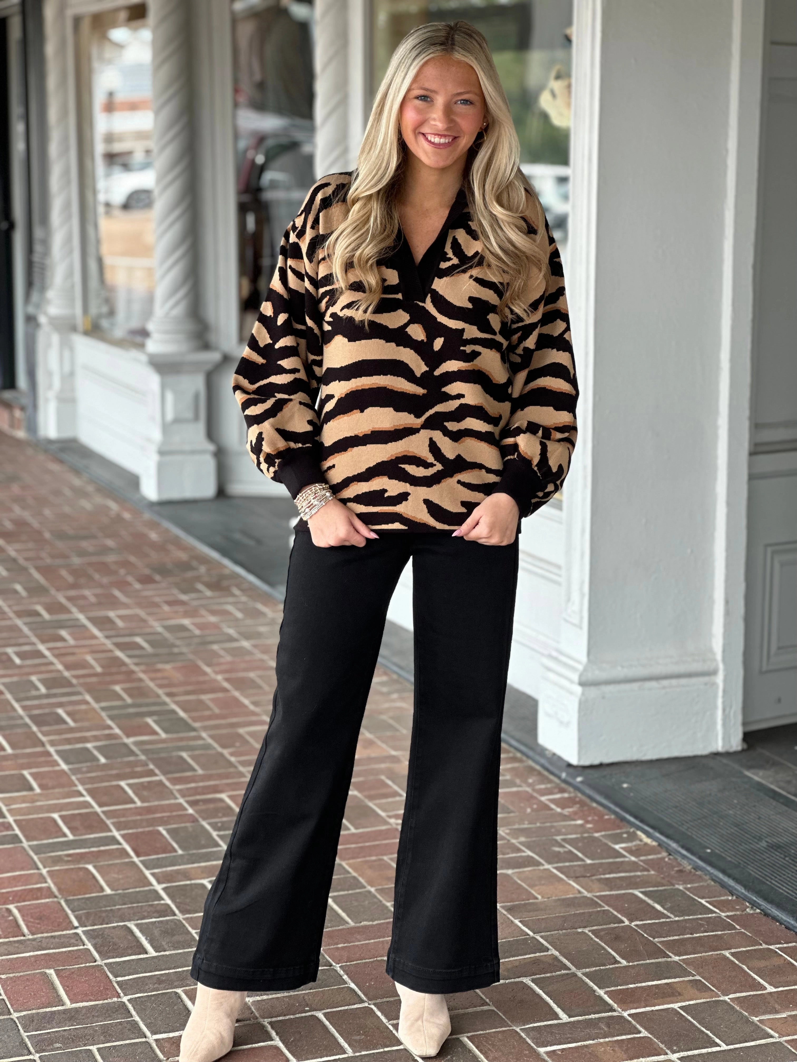 Emily Mccarthy Lolli Sweater in Tiger Jacquard DoubleStitching
