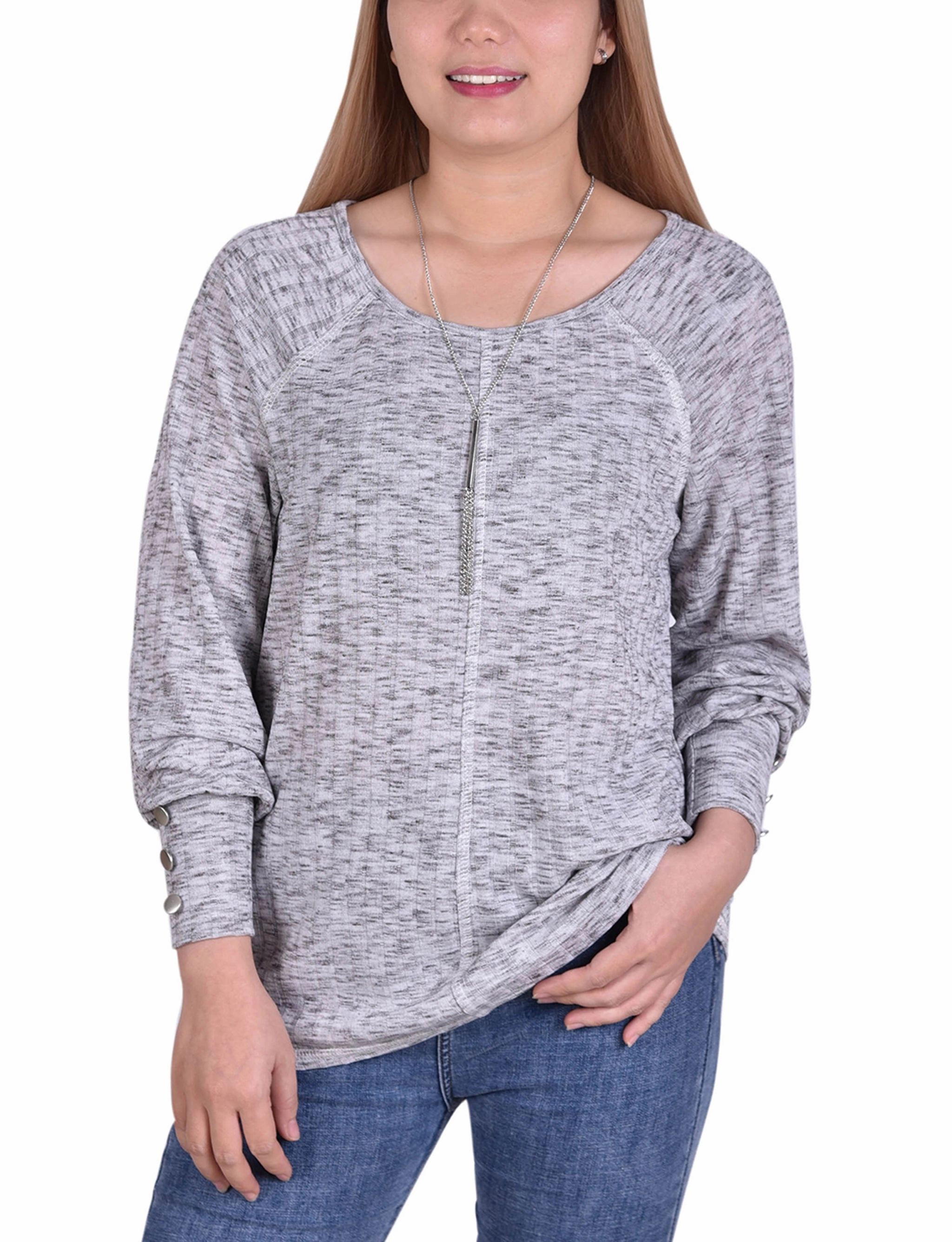 HighStrength Threadwork Anti Pill Finish Long Sleeve Ribbed Pullover Top With Detachable Necklace