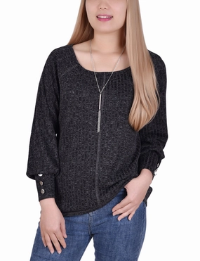 Long Sleeve Ribbed Pullover Top With Detachable Necklace FoamReinforcedCollar