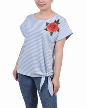 Formal Tank Short Sleeve Embroidered Tie Front Top