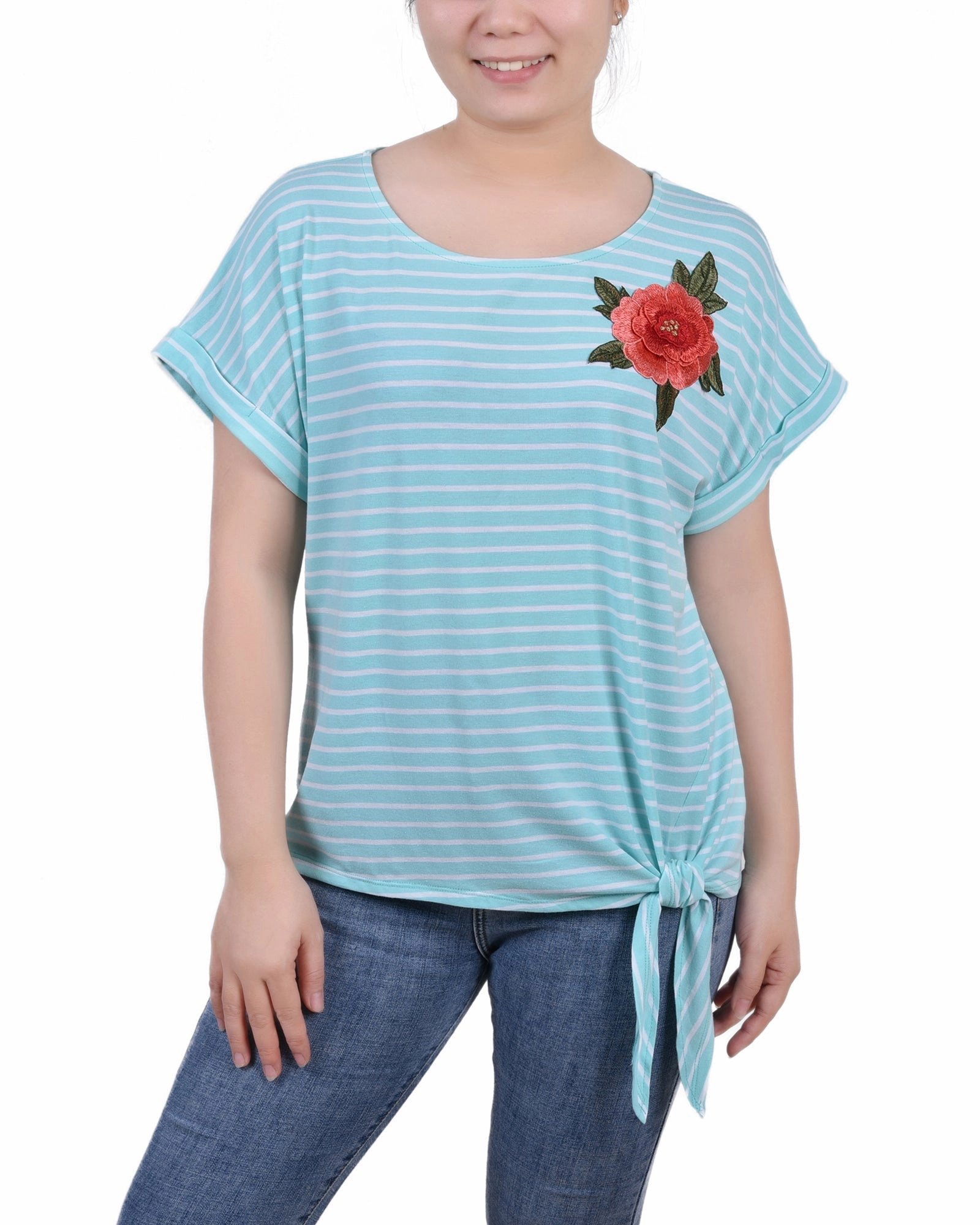 MidweightKnit LightReflectiveTrim Short Sleeve Embroidered Tie Front Top
