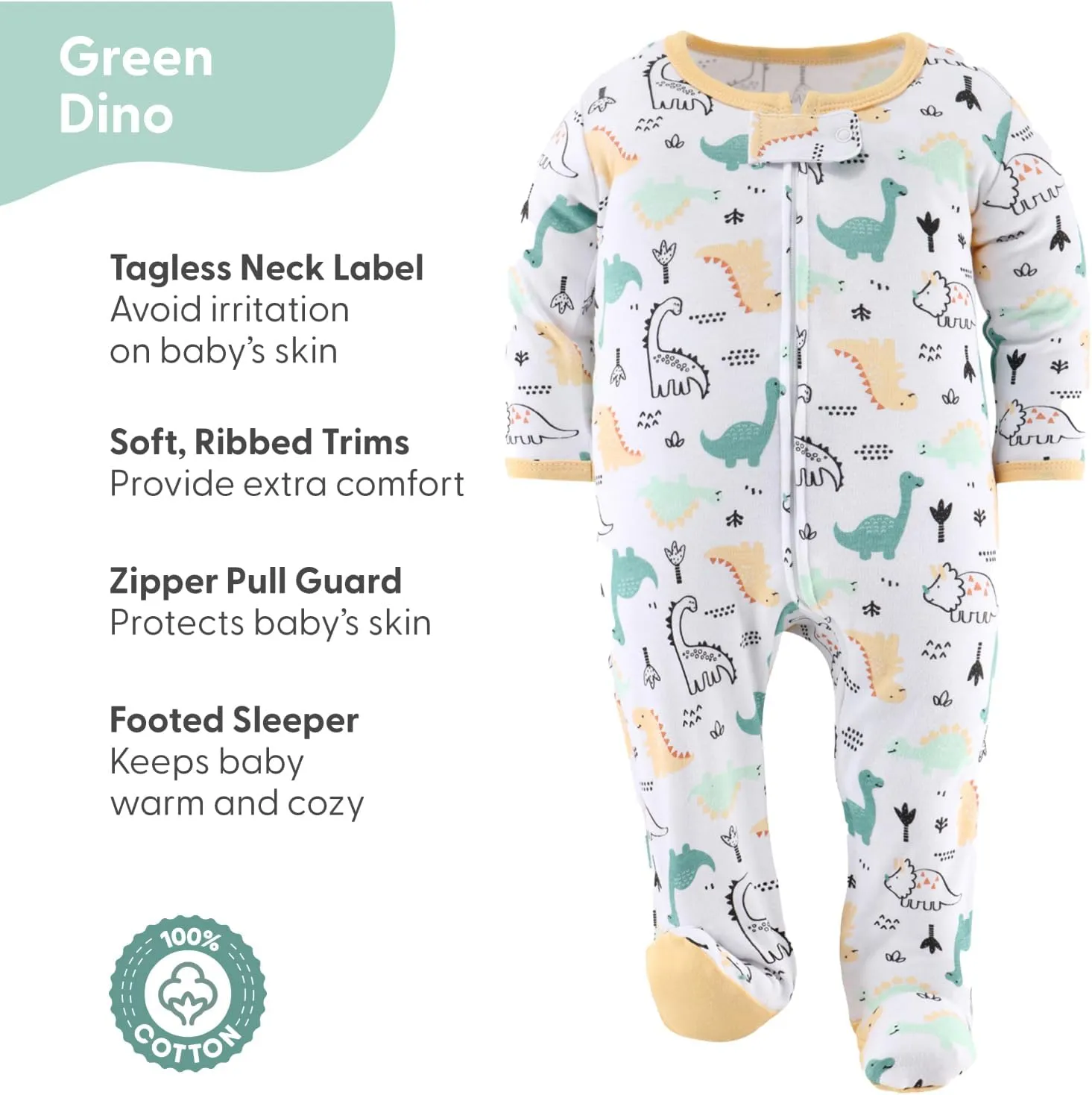 The Peanutshell Baby Sleepers for Boys Set of 3 - Soft Cotton Footed Pajamas for Newborns & Infants - Green Dino