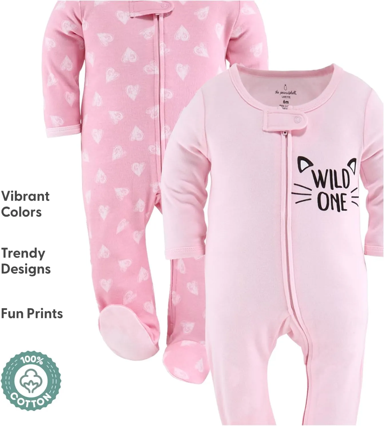 The Peanutshell Baby Sleepers for Girls Set of 3 - Soft Cotton Footed Pajamas for Newborns, Infants & Toddlers Cheetah Hearts
