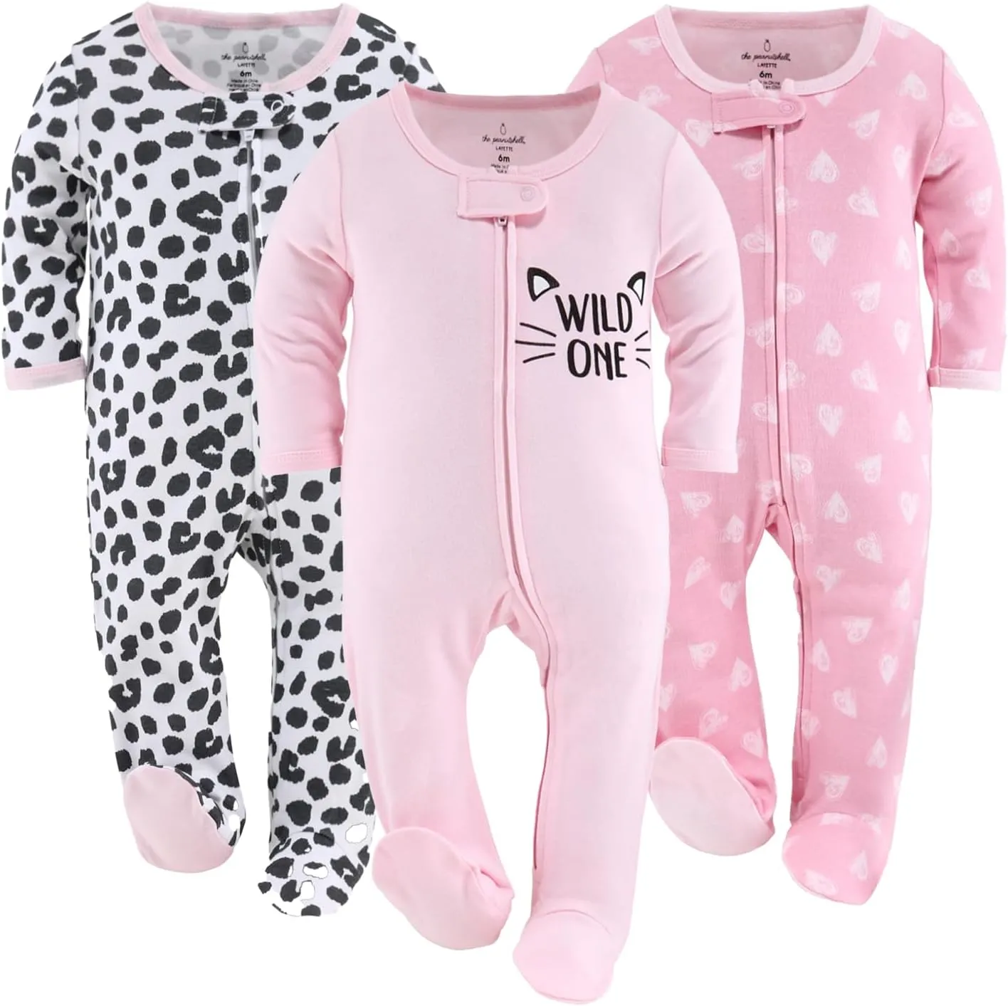 The Peanutshell Baby Sleepers for Girls Set of 3 - Soft Cotton Footed Pajamas for Newborns, Infants & Toddlers Cheetah Hearts