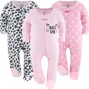 The Peanutshell Baby Sleepers for Girls Set of 3 - Soft Cotton Footed Pajamas for Newborns, Infants & Toddlers Cheetah Hearts