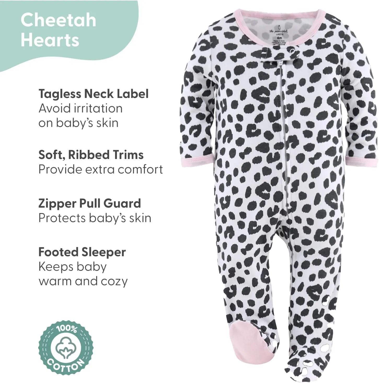 The Peanutshell Baby Sleepers for Girls Set of 3 - Soft Cotton Footed Pajamas for Newborns, Infants & Toddlers Cheetah Hearts