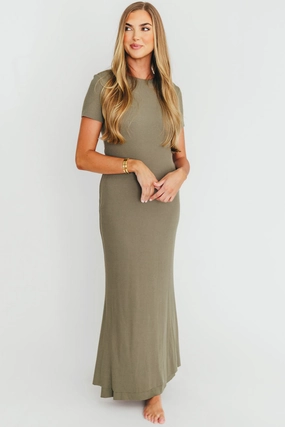 Color Soft Understated Elegance The Charlie Ribbed Maxi Dress in Dusty Olive Green - Bump Friendly