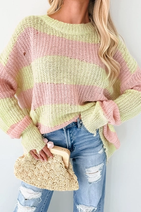 The Soft Life Signature 8 Striped Knit Pullover (Lime/Pink) Adjustable Hemline Double Layered Fabric