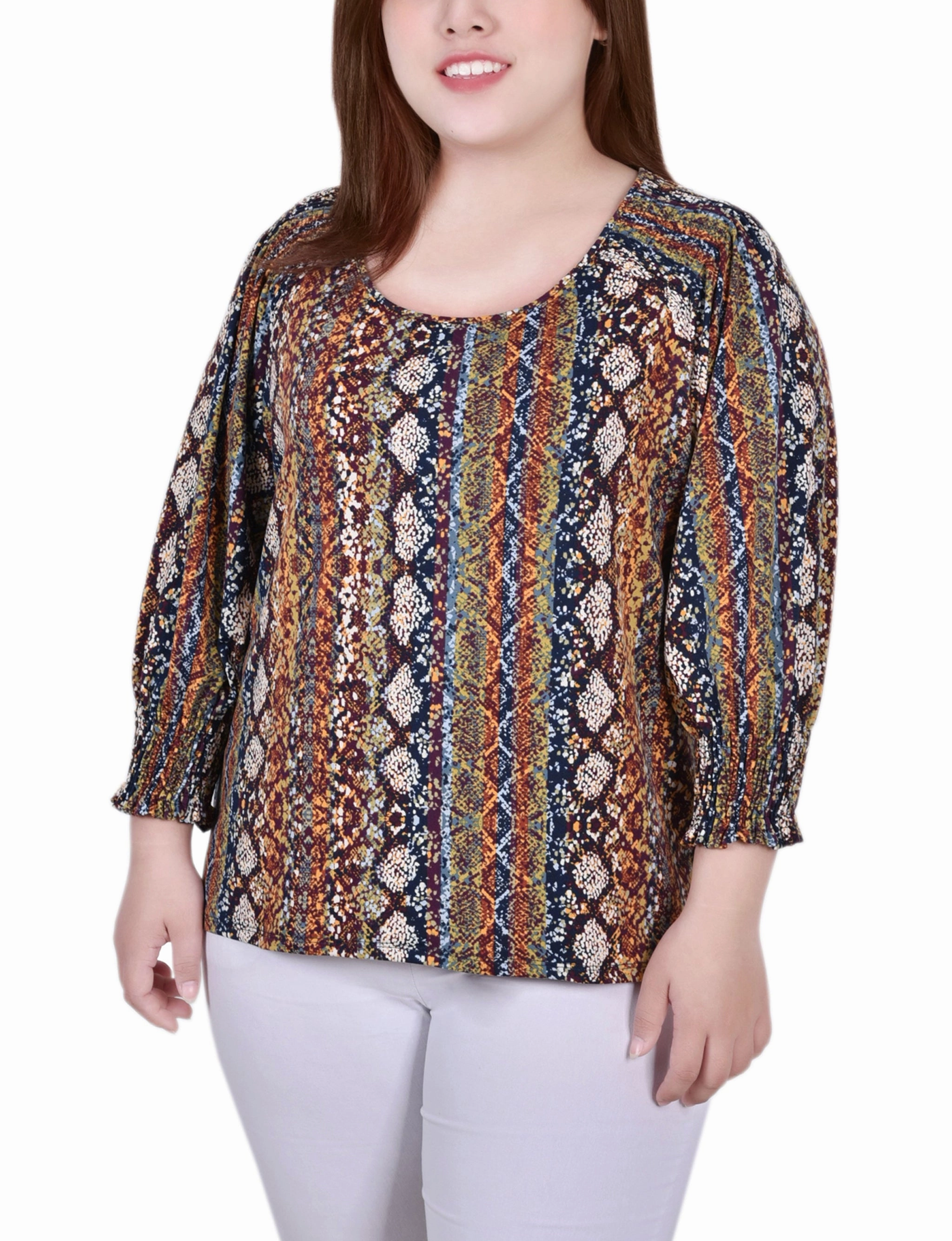 High Collar Protection Design BreathableMeshPanel Plus Size 3/4 Smocked Detail Top