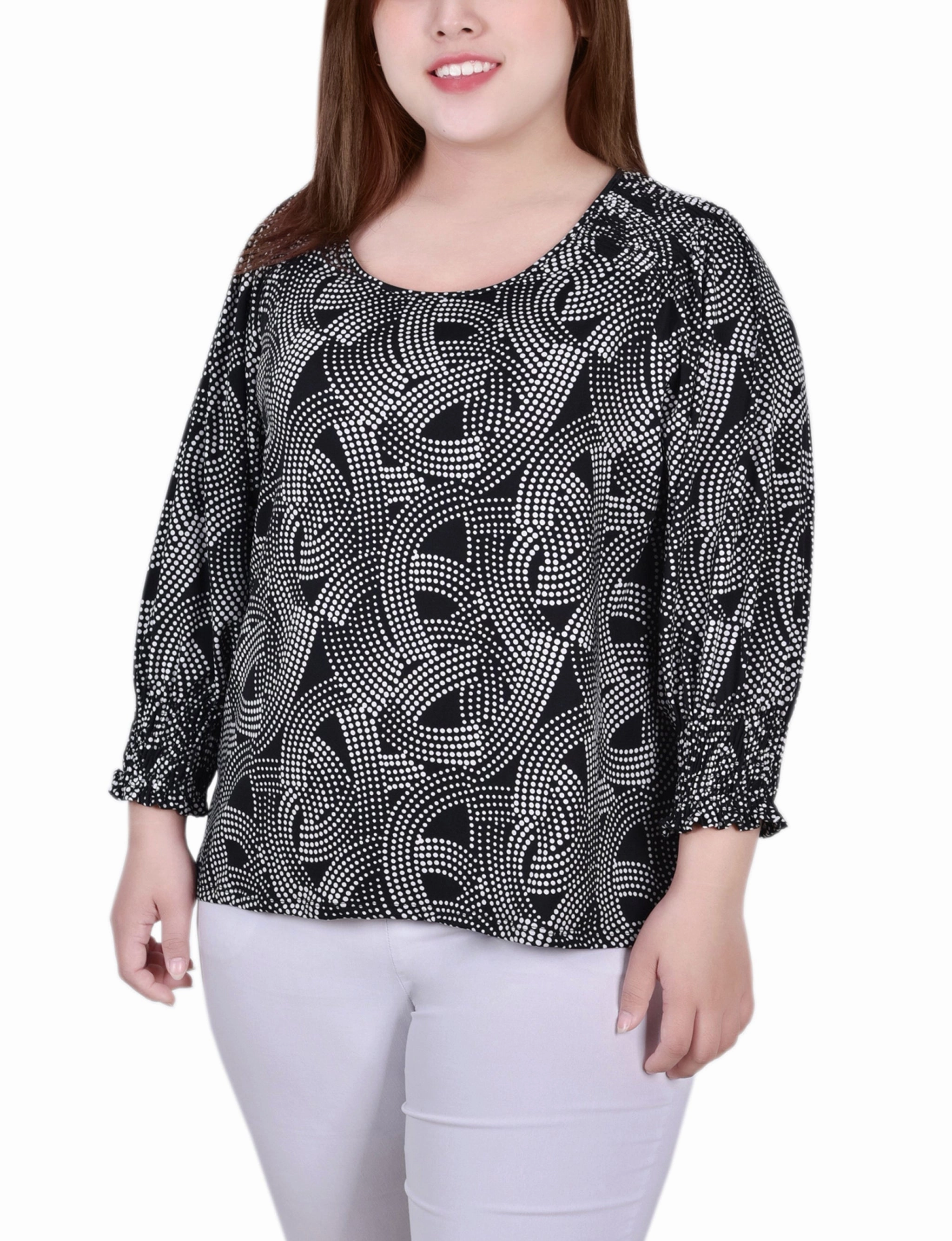 All-Purpose Reinforced Hems Plus Size 3/4 Smocked Detail Top