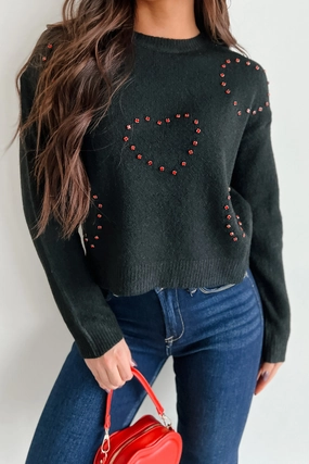 Loved You Forever Rhinestone Heart Sweater (Black) DoubleStitchedSeams GarmentWashedFinish