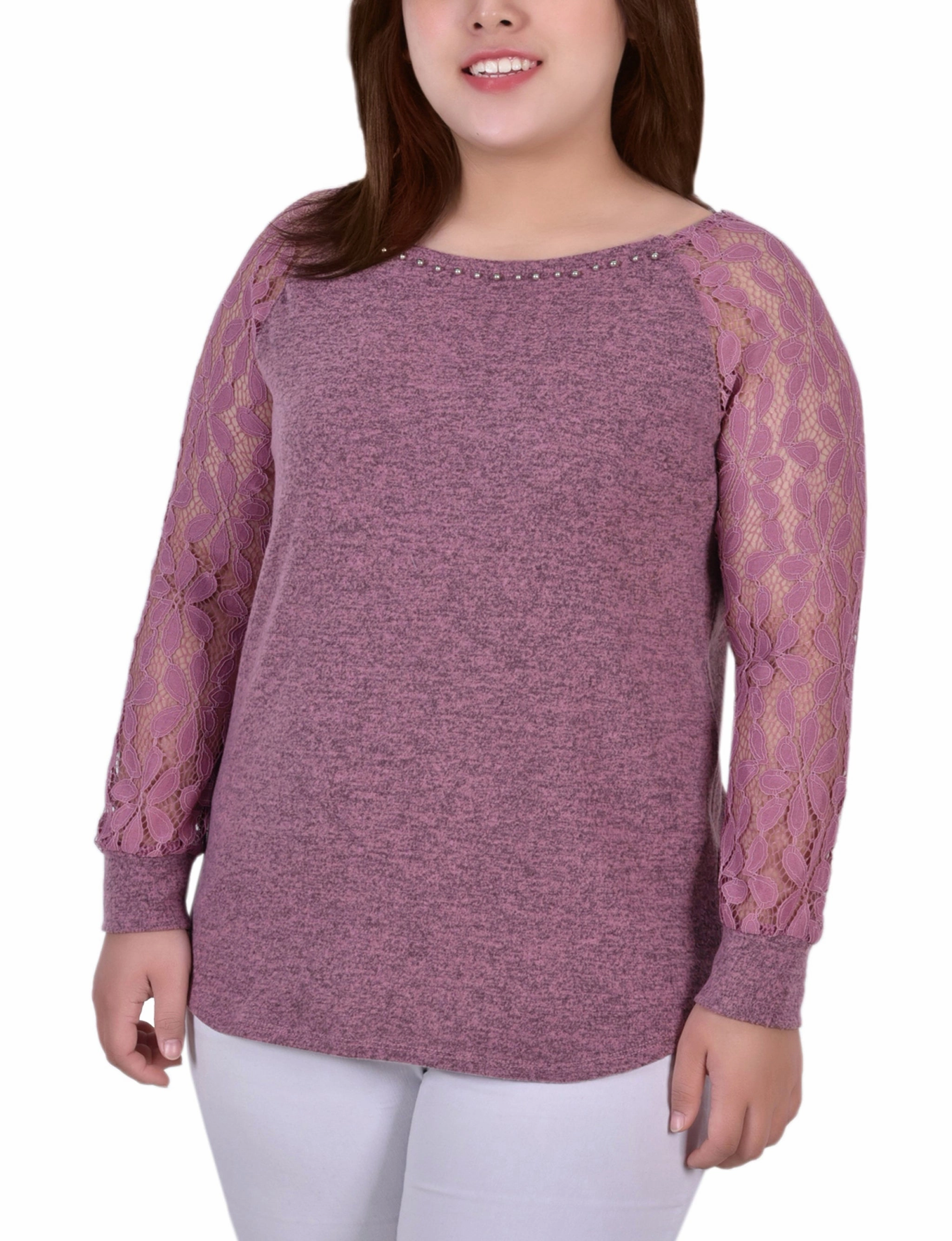 Plus Size Long Lace Sleeve Top Odor Resistant Finish
