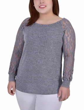 Plus Size Long Lace Sleeve Top AthleisureCompatible YarnDyed Stripes