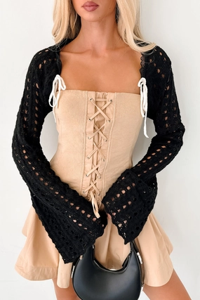 Quiet Chic Crochet Bolero Shrug (Black) Sporty Cardigan AdjustableCuffs