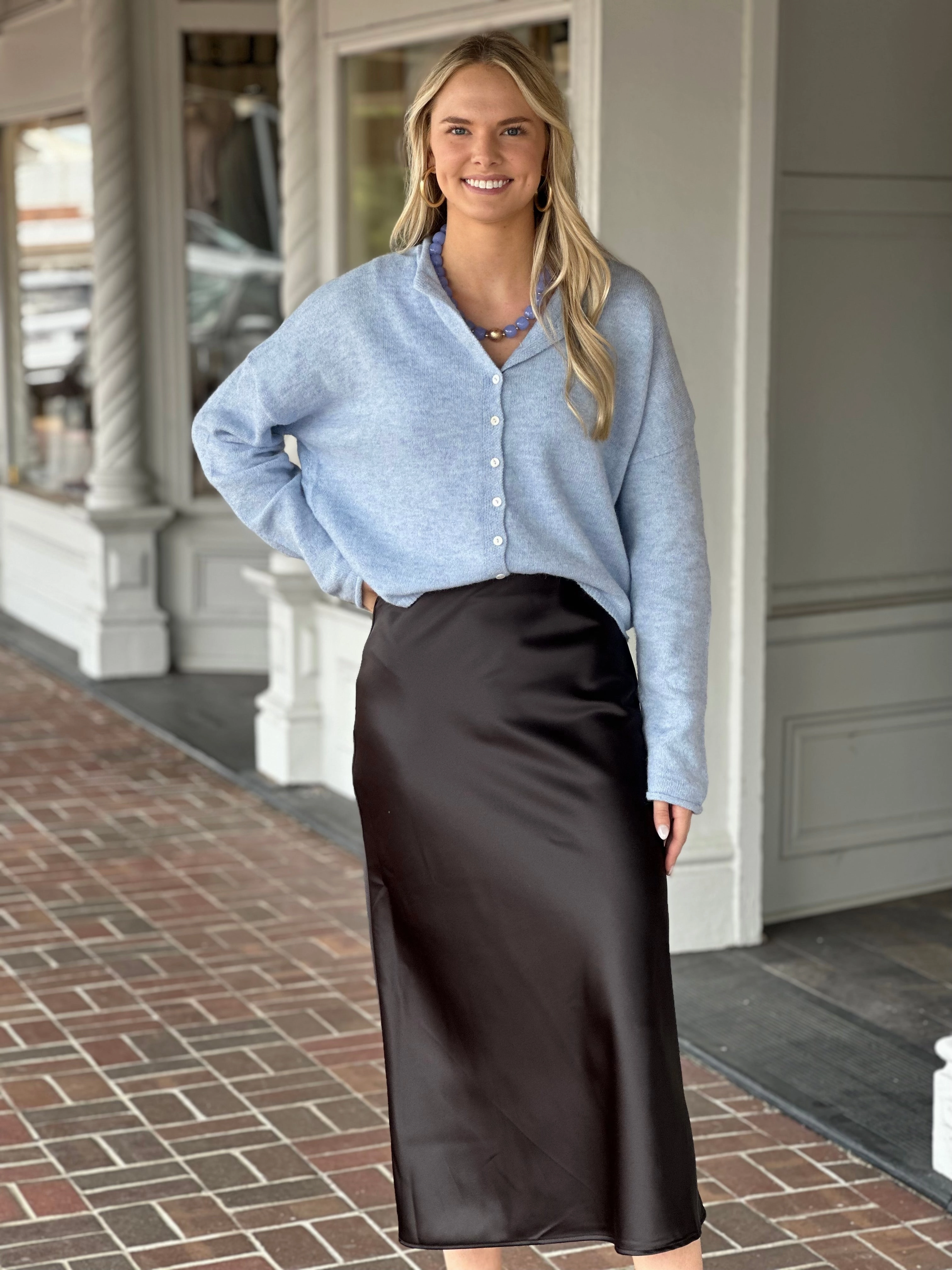 Space Between Button Cardigan in Sky Blue Stay Cool Technology GarmentWashed Texture