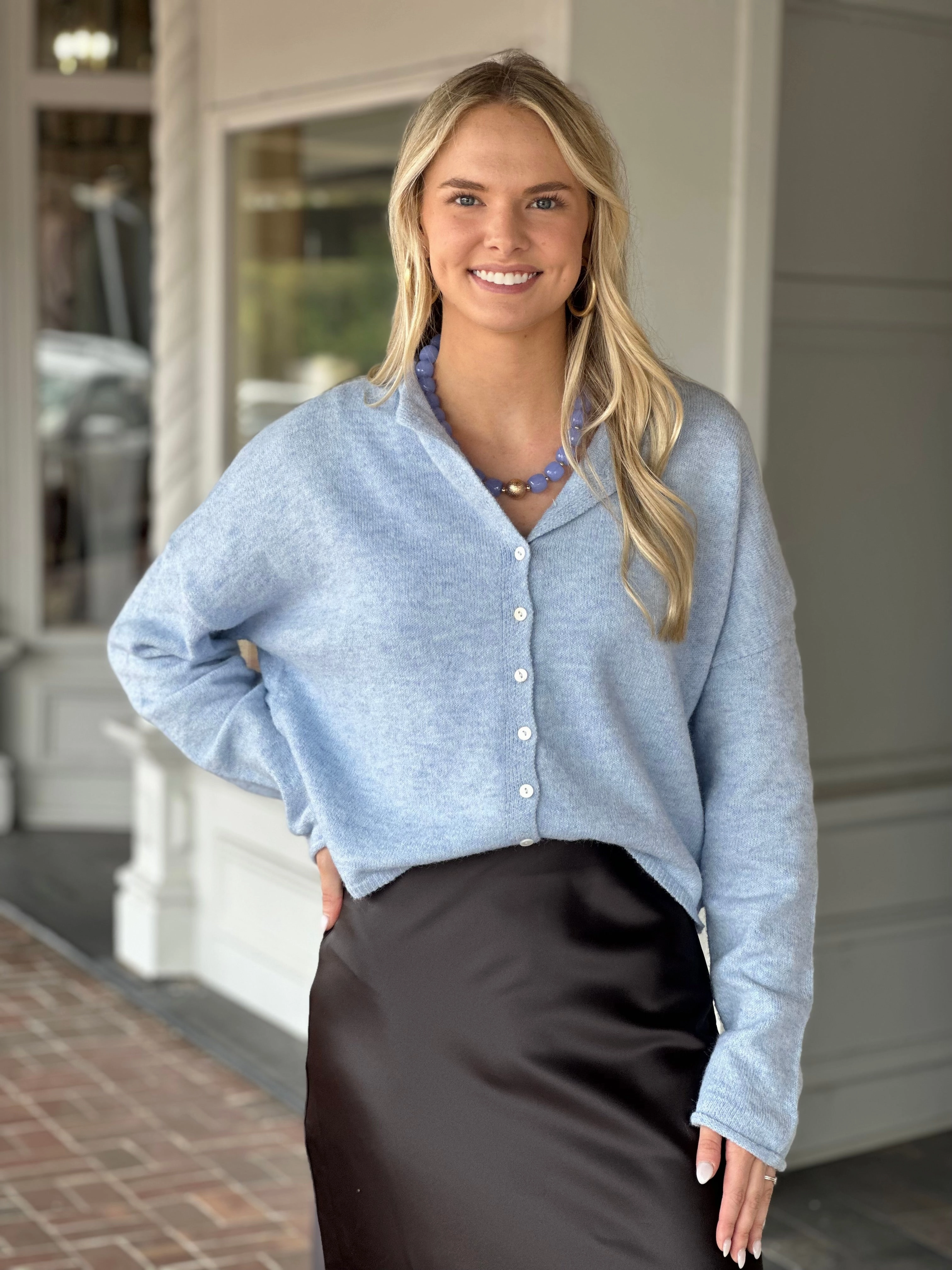 FlexibleRibbing Space Between Button Cardigan in Sky Blue