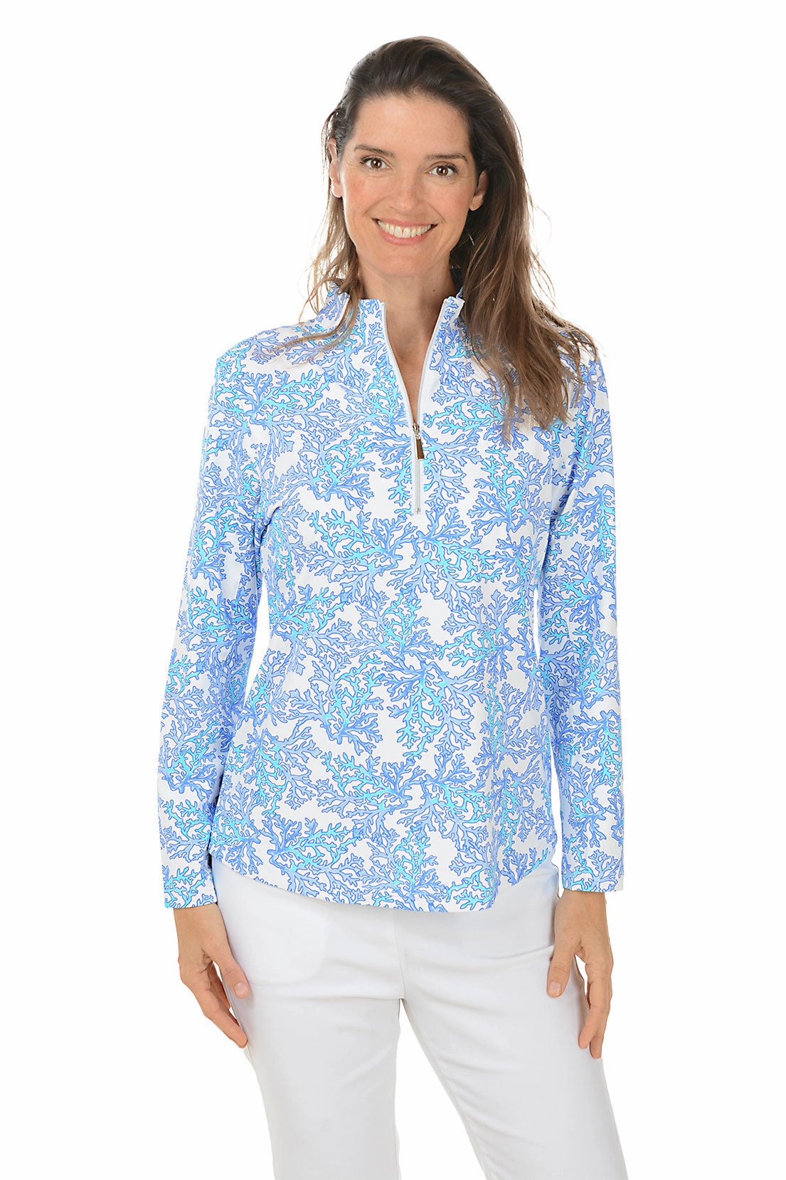 HygienicCoating VentedBack Blue Coral Mock Neck UPF50  Top