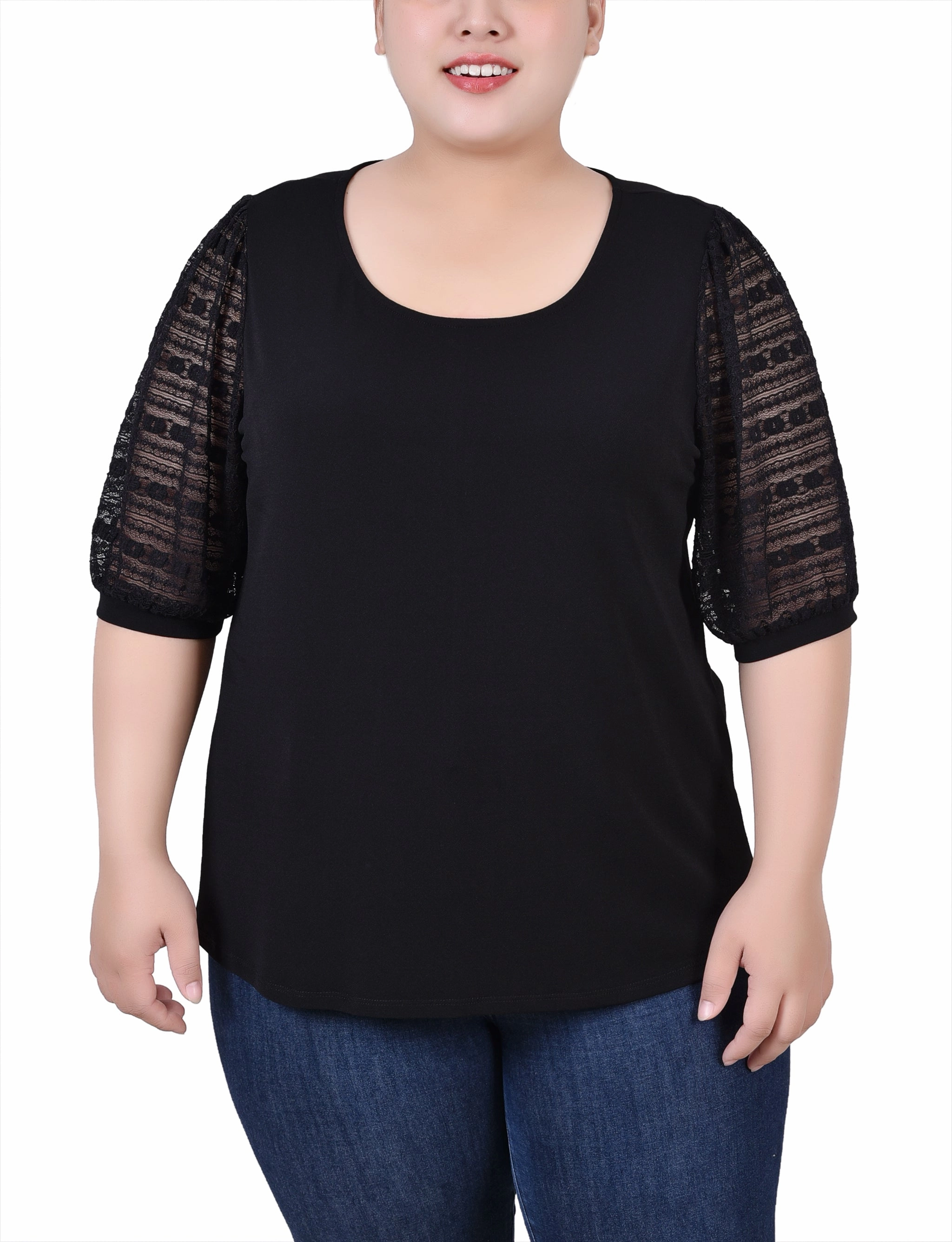 Plus Size Short Burnout Sleeve Scoop Neck Top Layered Sleeve