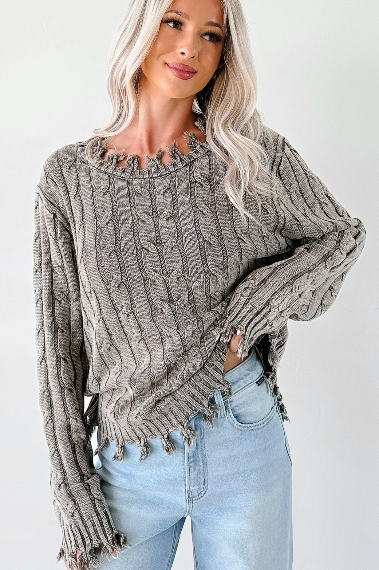 SecurePockets LayeredPanel Unwritten Future Cable Knit Fringe Zenana Sweater (Brown)
