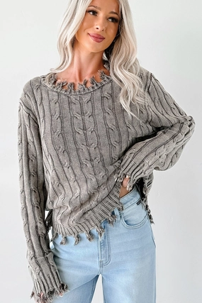 Breathable Mesh Back Unwritten Future Cable Knit Fringe Zenana Sweater (Brown)