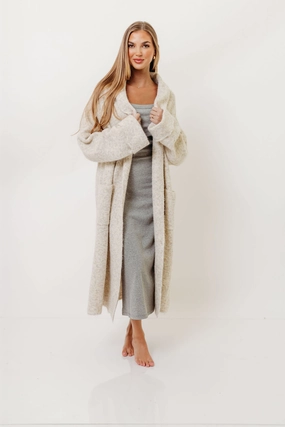 Textured Fabric Finish Antimicrobial Treatment Amina Ribbed Knit Long Cardigan Jacket in Light Taupe (Signup for restock)
