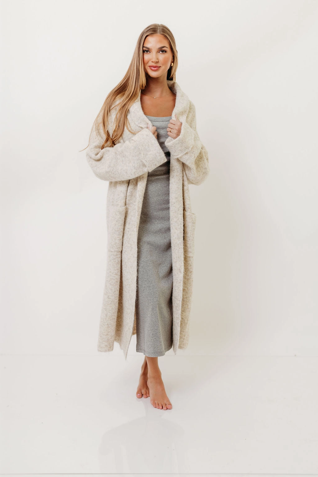Textured Fabric Finish Antimicrobial Treatment Amina Ribbed Knit Long Cardigan Jacket in Light Taupe (Signup for restock)