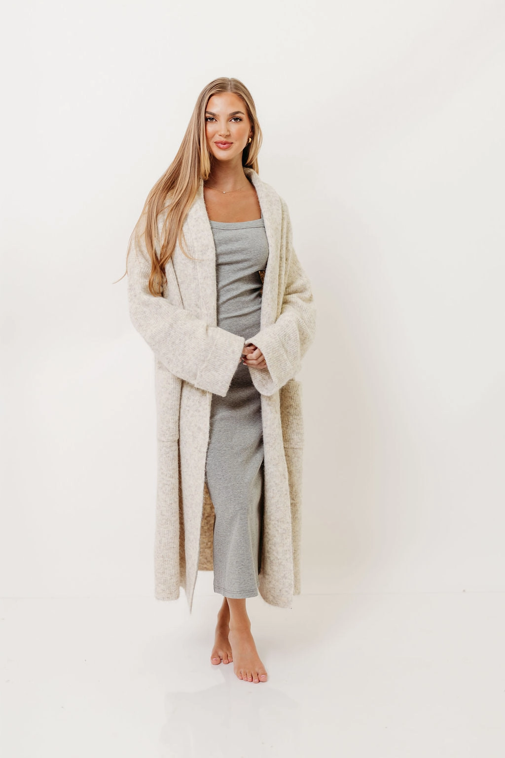 Amina Ribbed Knit Long Cardigan Jacket in Light Taupe (Signup for restock) DurableBlend NonIrritating Stitching