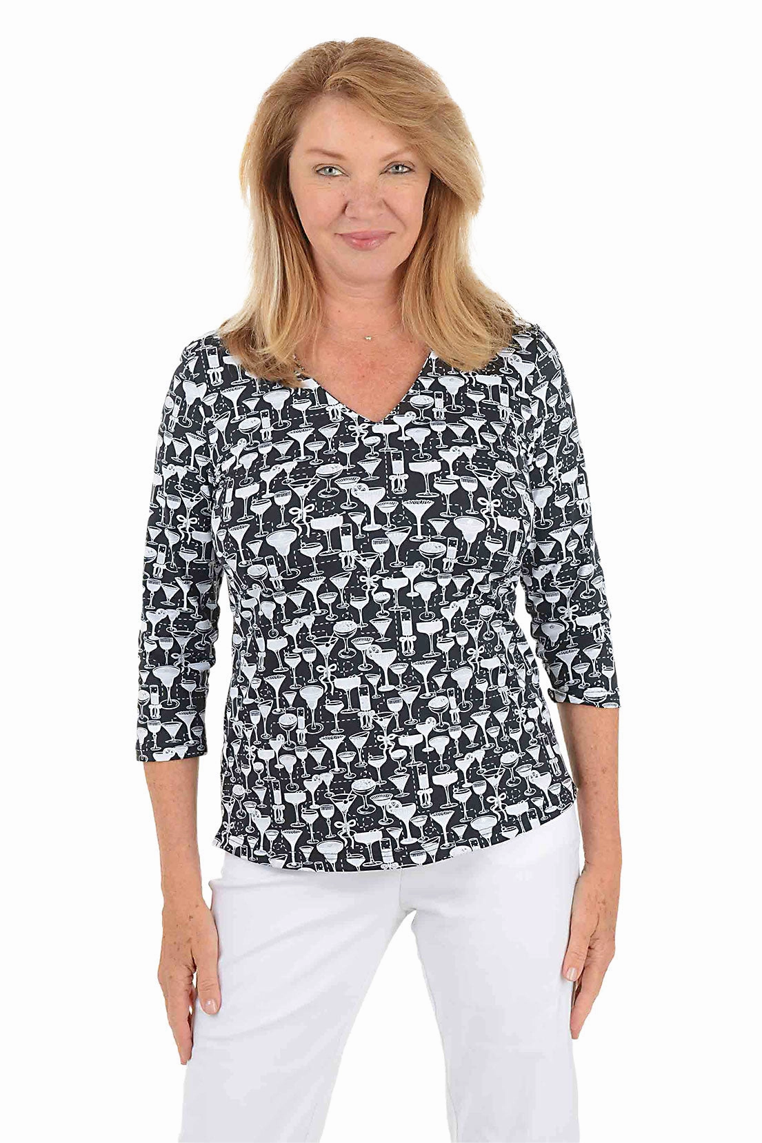 FlexFoamInserts Loose cut Silver Drinks UPF50  V-Neck Top