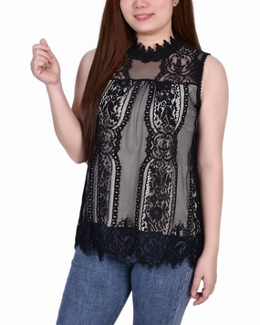 Sleeveless Mock Neck Lace Top Bound Seam Finish Chic Look