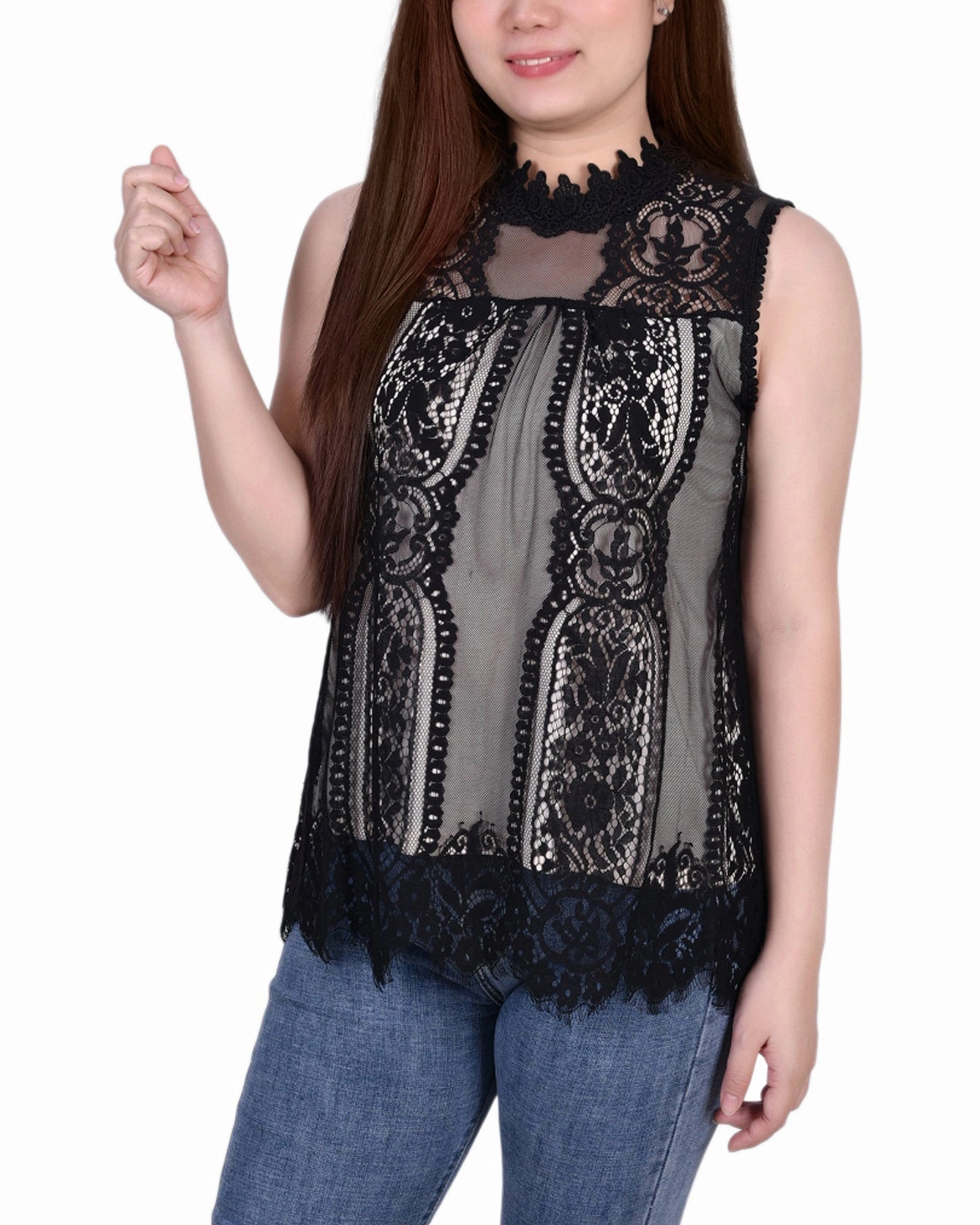 Anti Odor Finish Microfiber Blended Fabric Sleeveless Mock Neck Lace Top