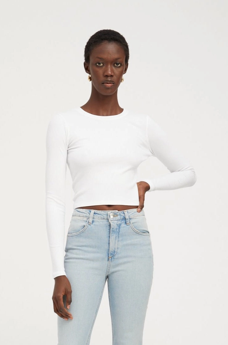 LowMaintenanceMaterial Minimalist Silhouette Cut White Rib Cropped Long Sleeve Baby Tee