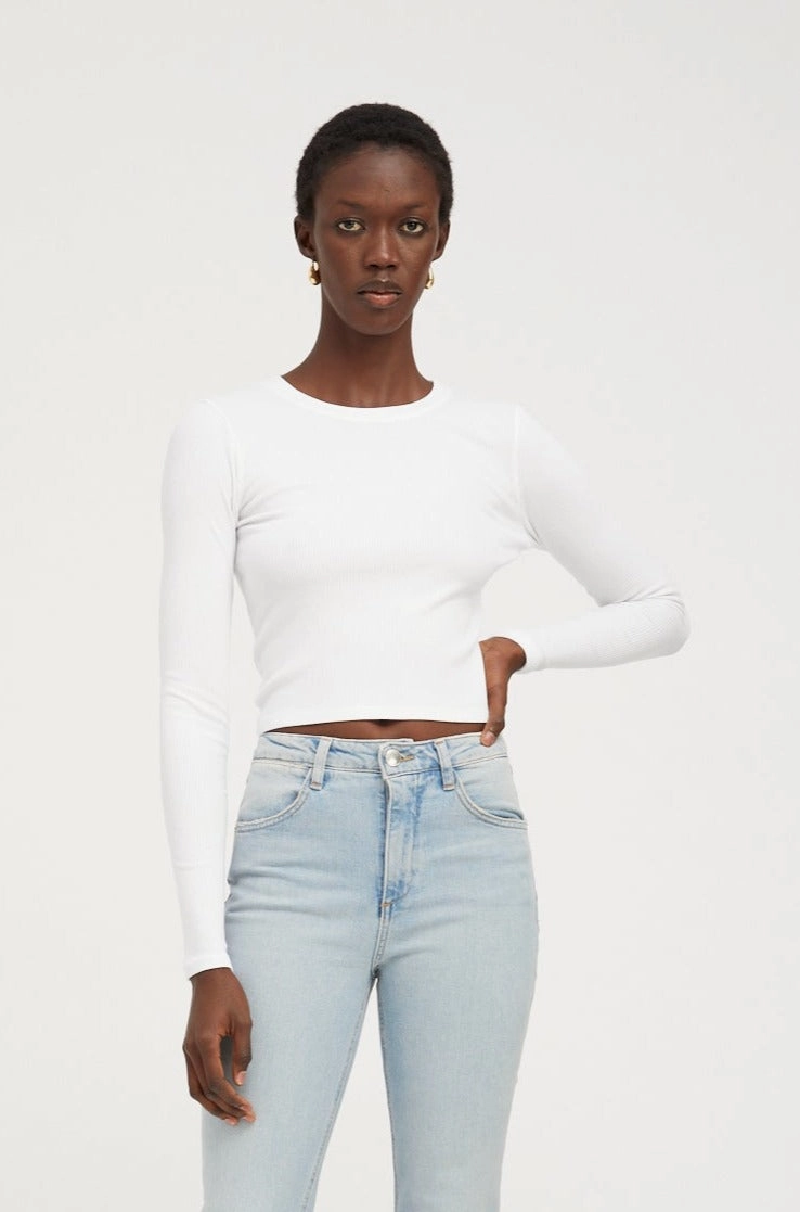 White Rib Cropped Long Sleeve Baby Tee Reinforced Neckline Detail Two Tone Texture Effect