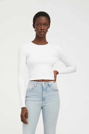 White Rib Cropped Long Sleeve Baby Tee Reinforced Neckline Detail Two Tone Texture Effect