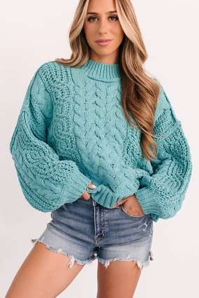 Things Change POL Cable Knit Sweater (Aqua Teal) Wicking Inner Lining Biodegradable Fiber