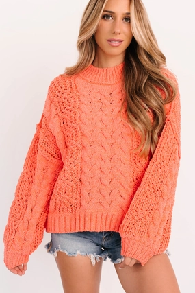 Things Change POL Cable Knit Sweater (Coral) LaserCut Edges