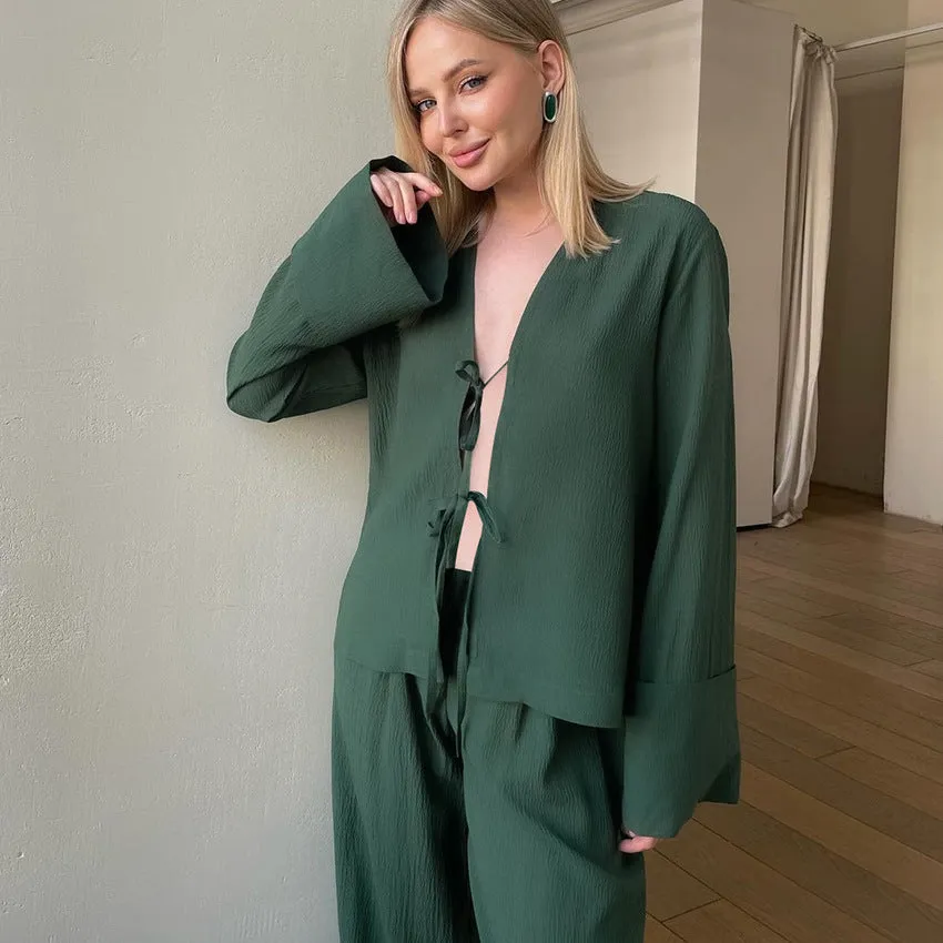 Tie Up Solid Green Pajama Set