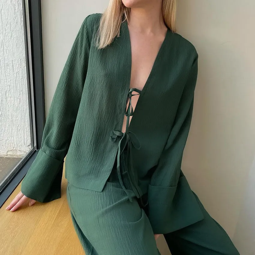 Tie Up Solid Green Pajama Set