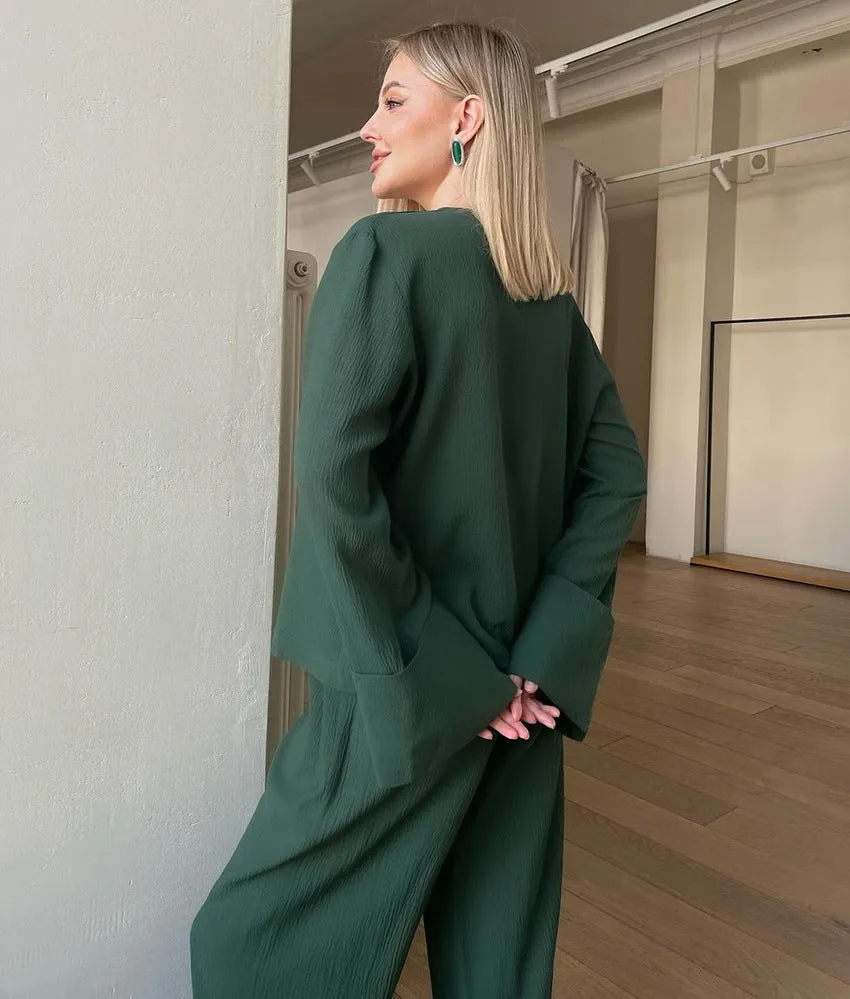 Tie Up Solid Green Pajama Set