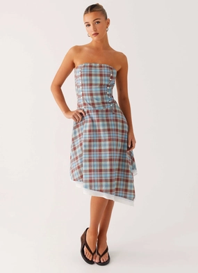 Tonie Strapless Midi Dress - Shoreline Check Velvet-Sleeve Effortless Look