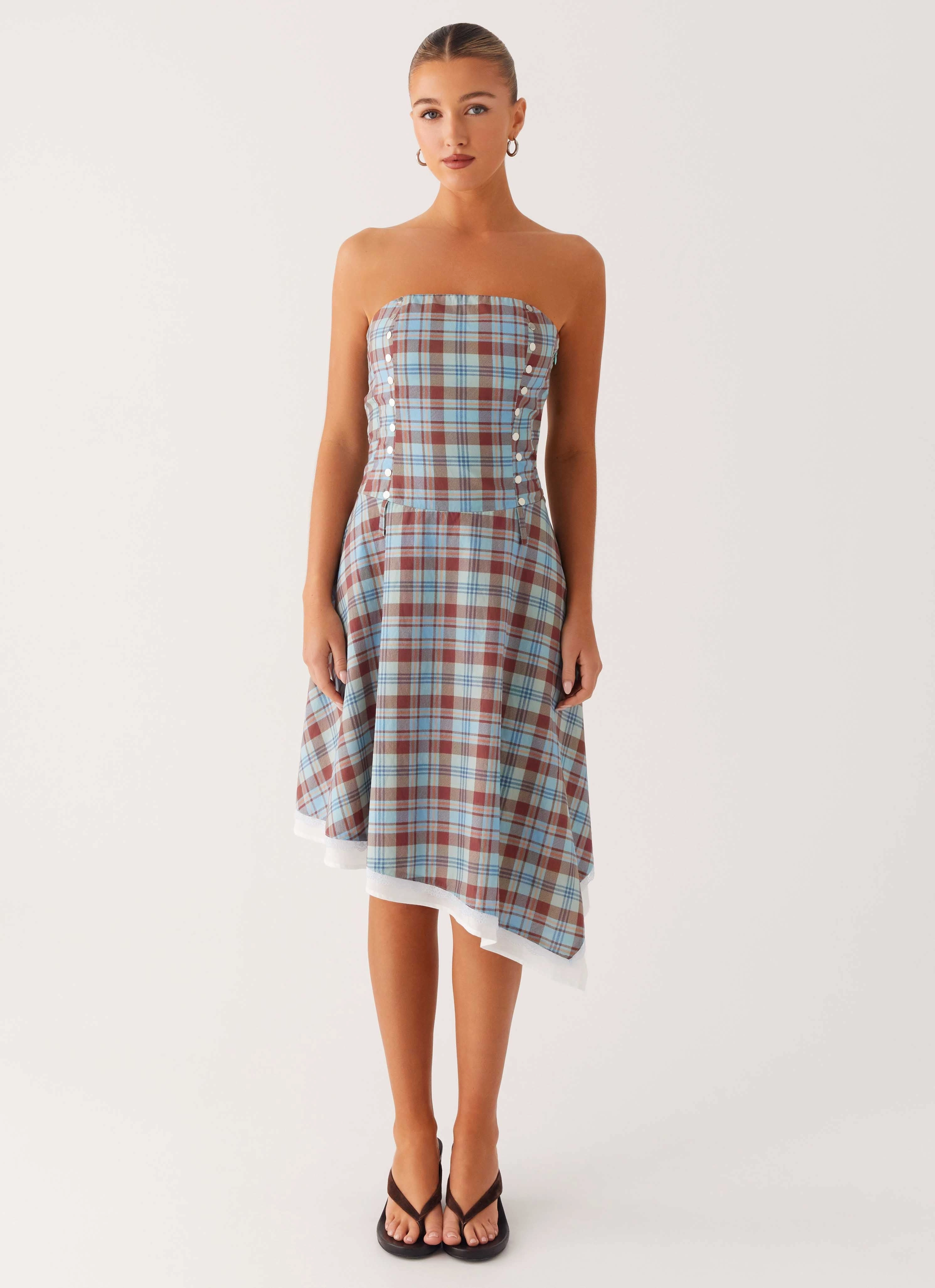 Tonie Strapless Midi Dress - Shoreline Check Modern Appearance Timeless-Classic