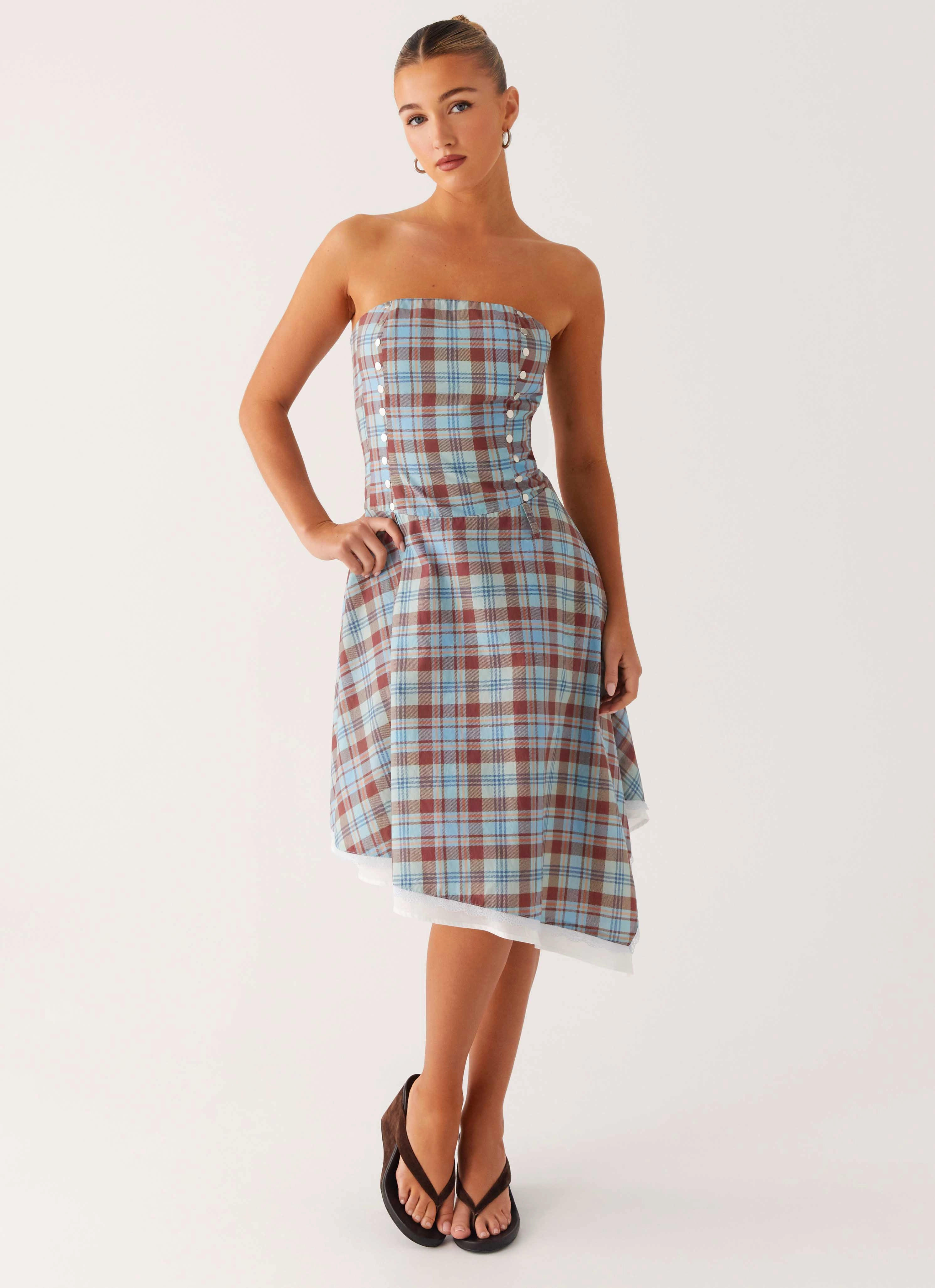 Tonie Strapless Midi Dress - Shoreline Check Velvet-Sleeve Effortless Look